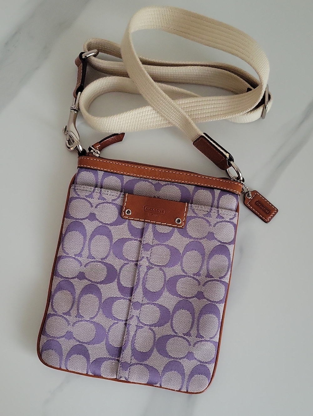 Vintage Coach Lavender Signature Crossbody with Tan Trim